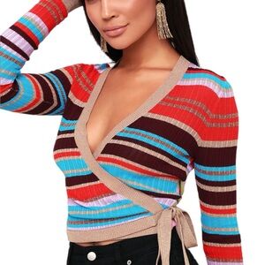 Honey Punch Be Brilliant Colorful Striped Wrap Sweater